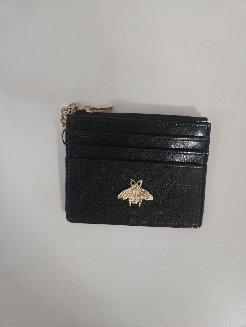 Black Leather Card Holder with Gold Bee Accent